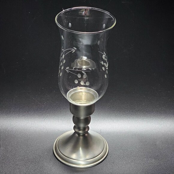 Leonard Colonial Hurricane Candlestick Holder 10" Etched Glass Pewter Base vtg 8 - Picture 2 of 9